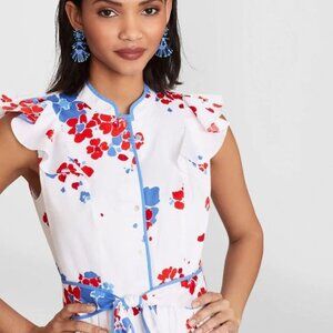 Brooks Brothers Womens Floral-Print Supima® Cotton Flutter-Sleeve Dress – Size 0